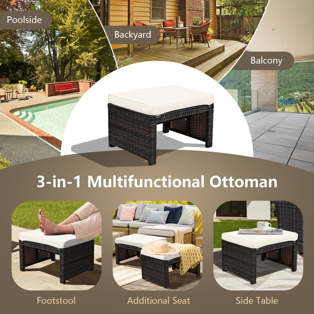 2 Pieces Patio Rattan Ottomans With Soft Cushion For Patio Garden WeatherResistant Comfortable 4