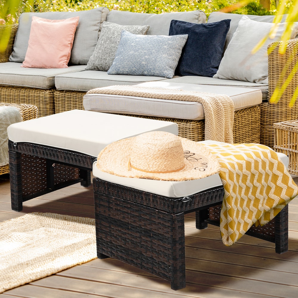 2 Pieces Patio Rattan Ottomans With Soft Cushion For Patio Garden WeatherResistant Comfortable 2