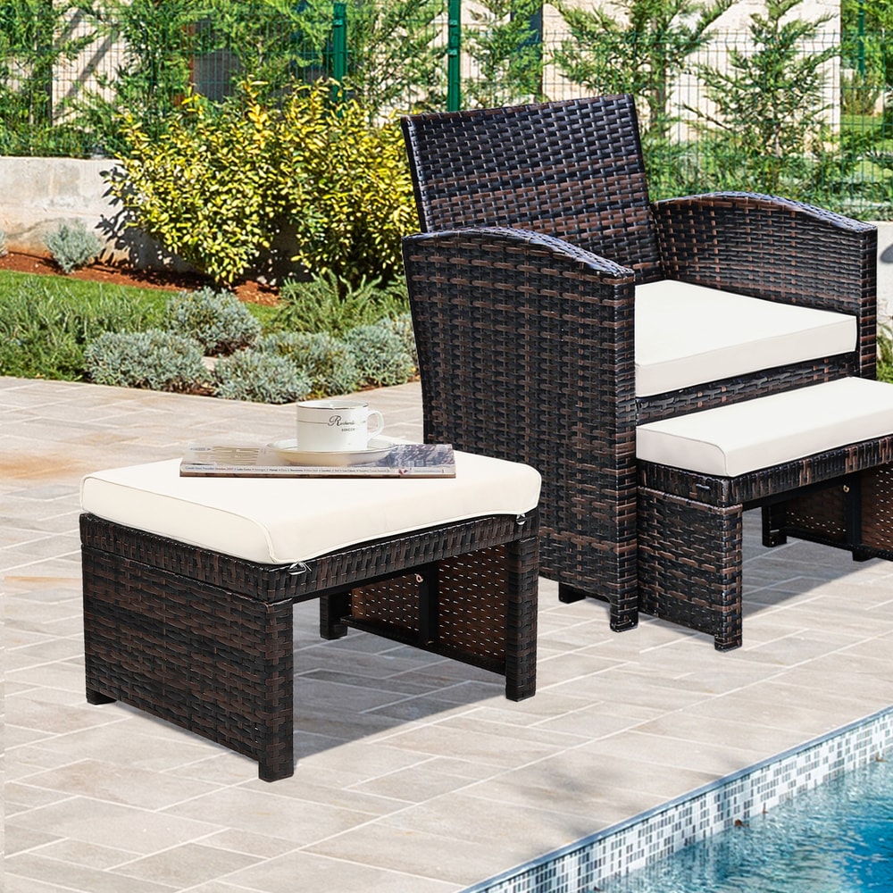2 Pieces Patio Rattan Ottomans With Soft Cushion For Patio Garden WeatherResistant Comfortable 1