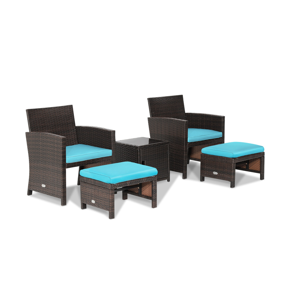 5Piece Patio Rattan Furniture Set With Ottoman Tempered Glass Coffee Table 4