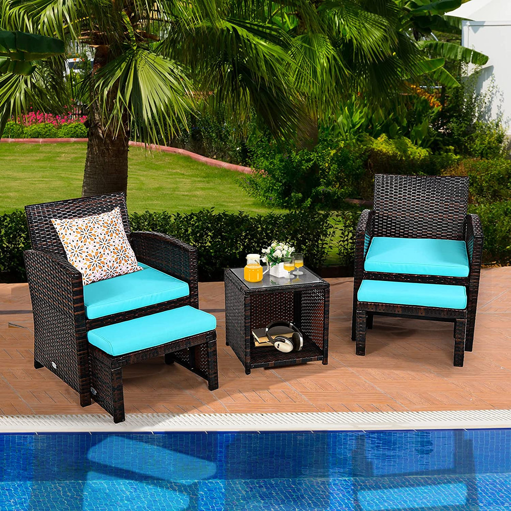 5Piece Patio Rattan Furniture Set With Ottoman Tempered Glass Coffee Table 1
