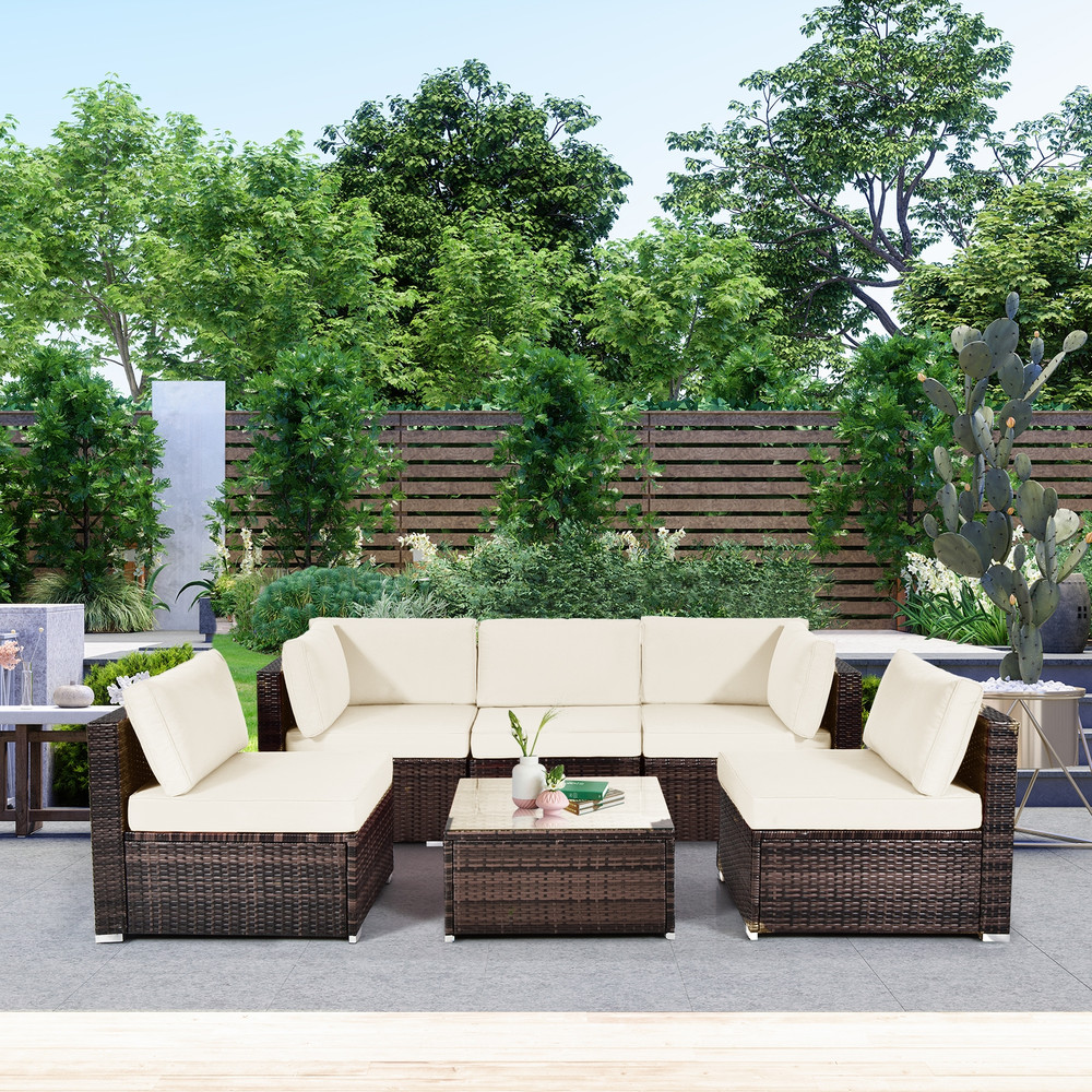 6-Piece Patio Rattan Furniture Set with Cushions & Glass Coffee Table, Outdoor Lounge Set