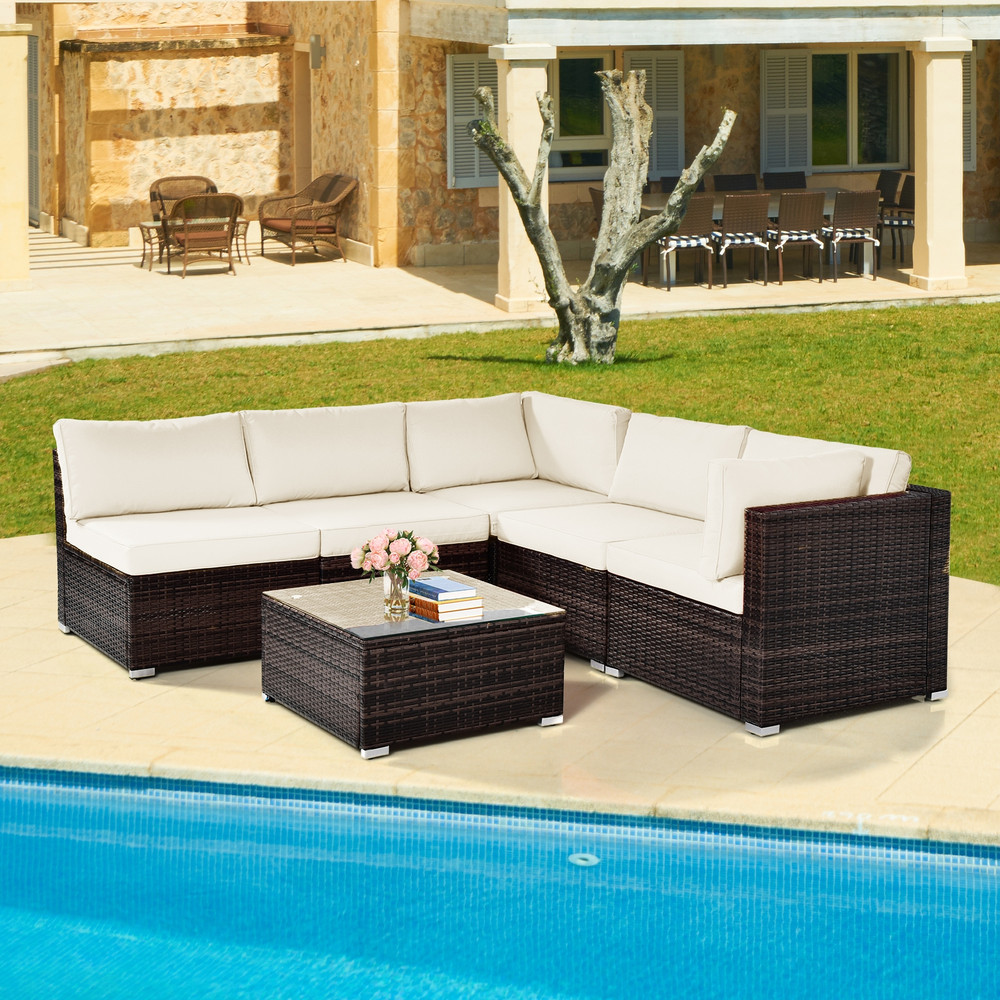 6-Piece Patio Rattan Furniture Set with Cushions & Glass Coffee Table, Outdoor Lounge Set