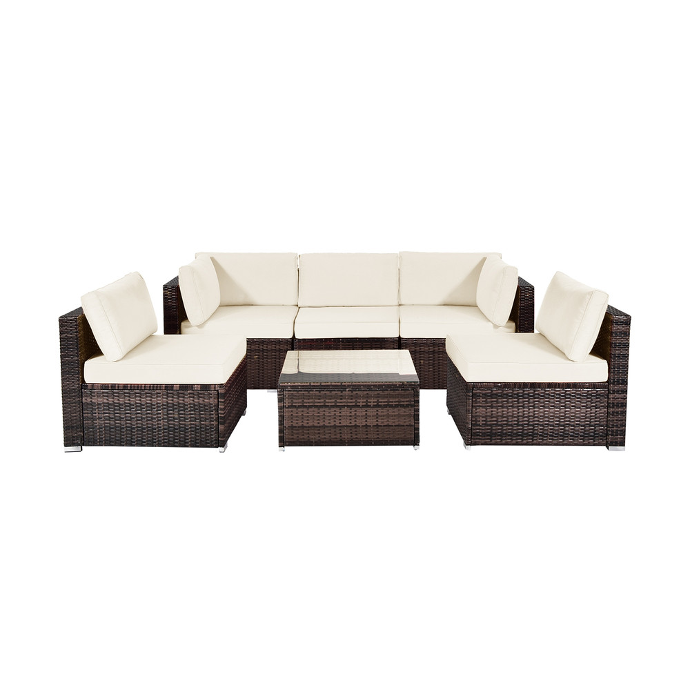 6-Piece Patio Rattan Furniture Set with Cushions & Glass Coffee Table, Outdoor Lounge Set