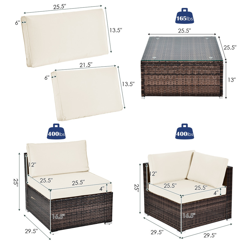 6-Piece Patio Rattan Furniture Set with Cushions & Glass Coffee Table, Outdoor Lounge Set