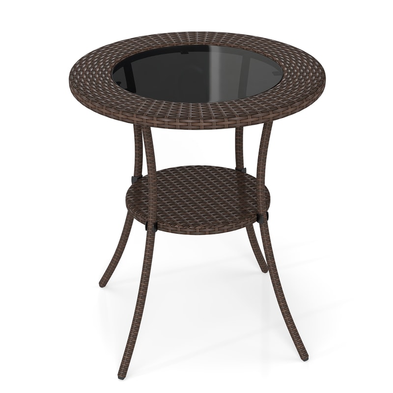 Round PE Wicker Patio Bistro Table With Tempered Glass Top And Lower Shelf SunResistant Rattan Desi 3