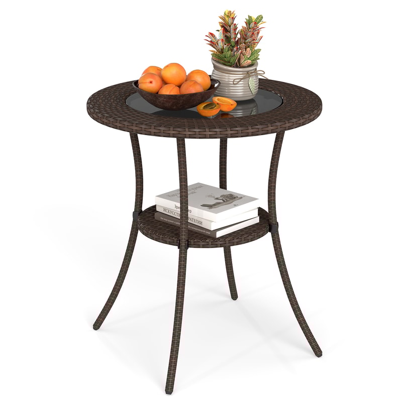 Round PE Wicker Patio Bistro Table With Tempered Glass Top And Lower Shelf SunResistant Rattan Desi 4