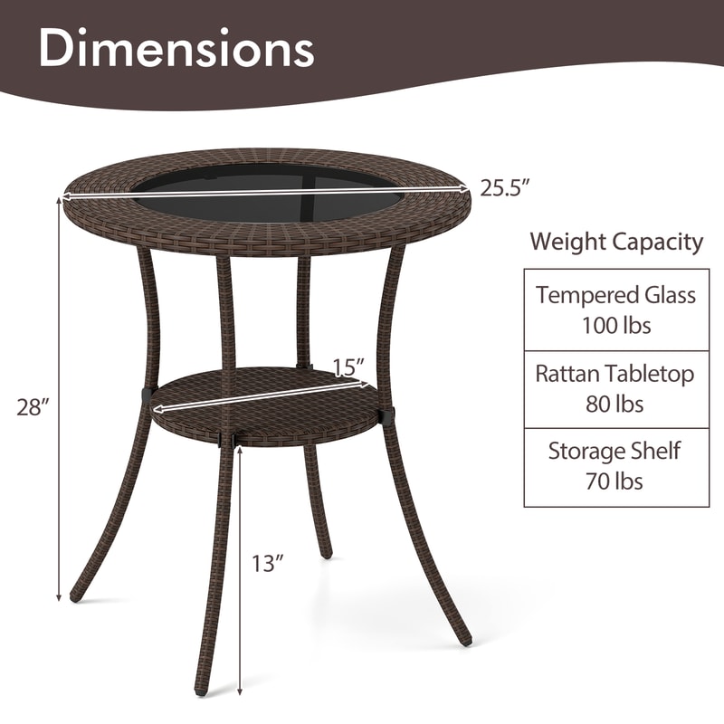 Round PE Wicker Patio Bistro Table With Tempered Glass Top And Lower Shelf SunResistant Rattan Desi 5