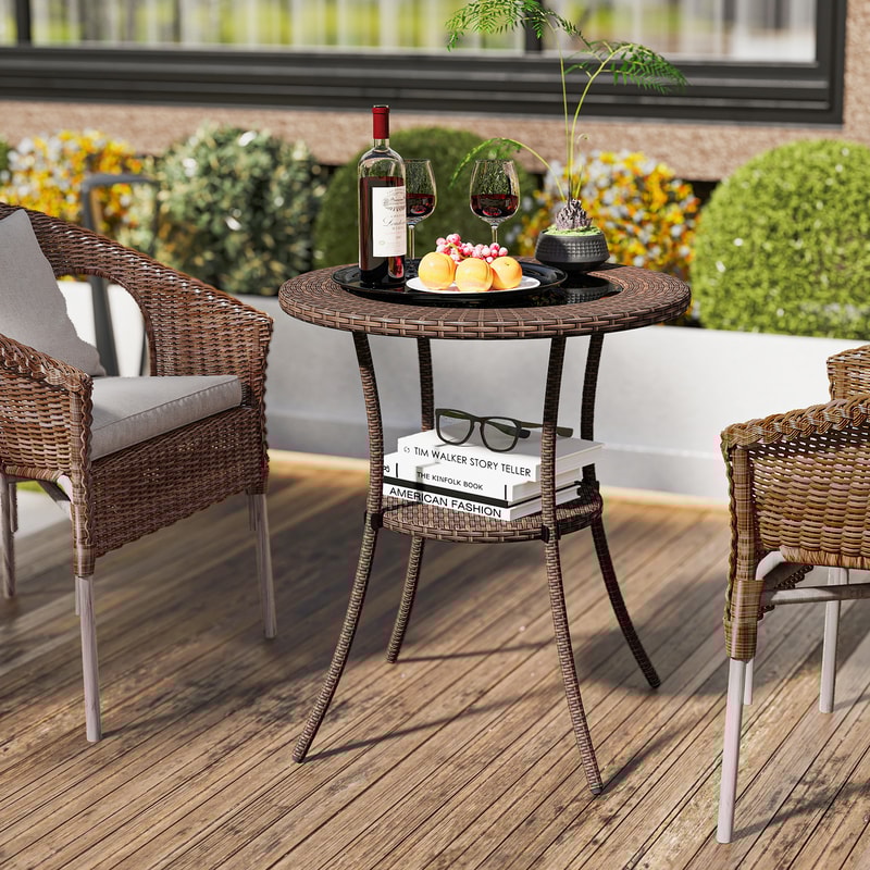 Round PE Wicker Patio Bistro Table With Tempered Glass Top And Lower Shelf SunResistant Rattan Desi 2
