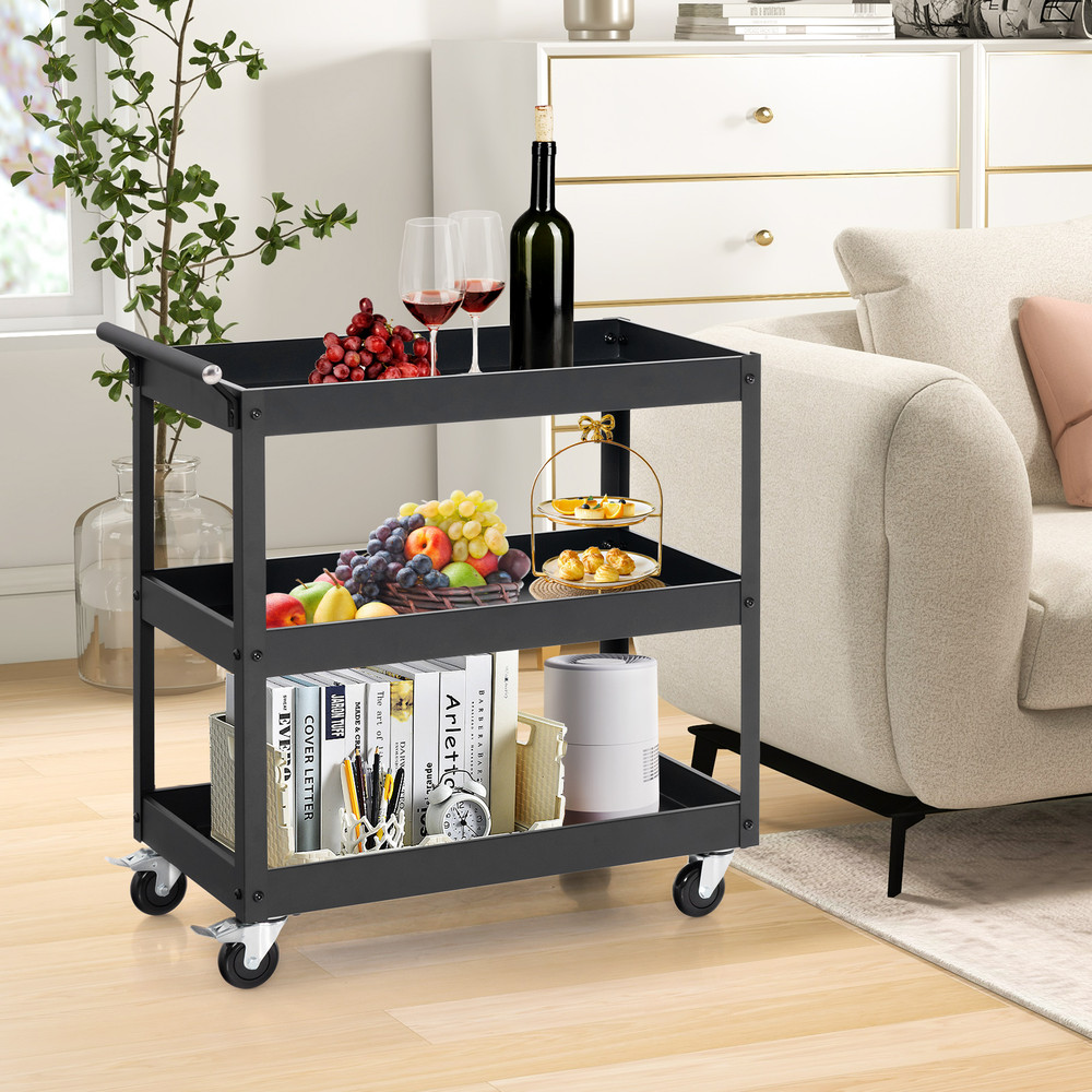 3Tier Utility Cart With Handle Universal Wheels HeavyDuty Rolling Metal Cart For Home Office 1