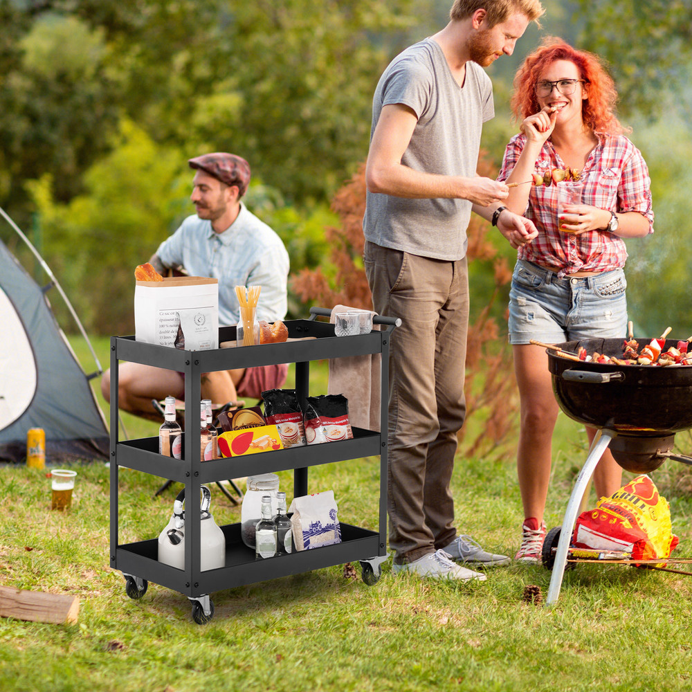 3Tier Utility Cart With Handle Universal Wheels HeavyDuty Rolling Metal Cart For Home Office 0