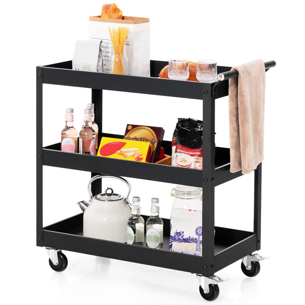 3Tier Utility Cart With Handle Universal Wheels HeavyDuty Rolling Metal Cart For Home Office 3