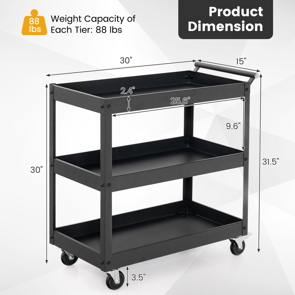 3Tier Utility Cart With Handle Universal Wheels HeavyDuty Rolling Metal Cart For Home Office 4