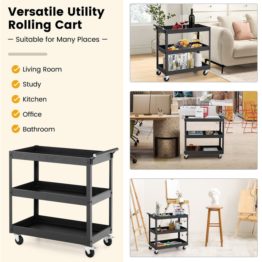 3Tier Utility Cart With Handle Universal Wheels HeavyDuty Rolling Metal Cart For Home Office 5