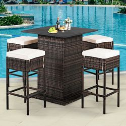 5 piece patio rattan bar table stool set with hidden storage shelf & cushions