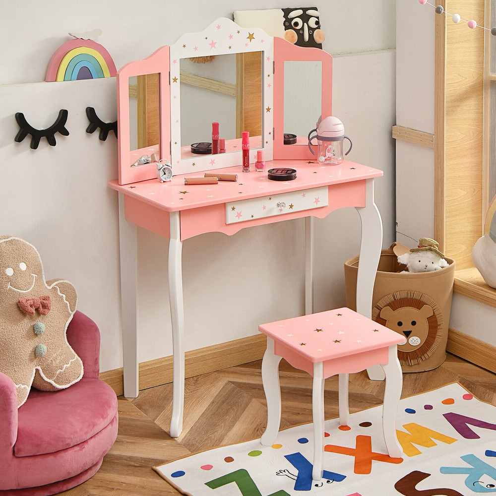 Kids Princess Vanity Table and Stool Set with Tri-Folding Mirror & Drawer