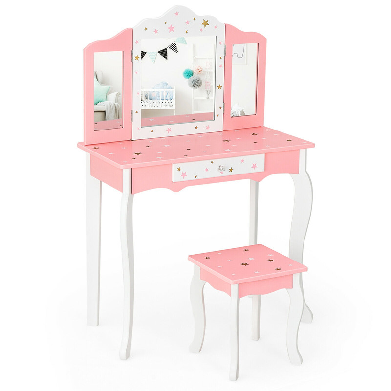 Kids Princess Vanity Table and Stool Set with Tri-Folding Mirror & Drawer