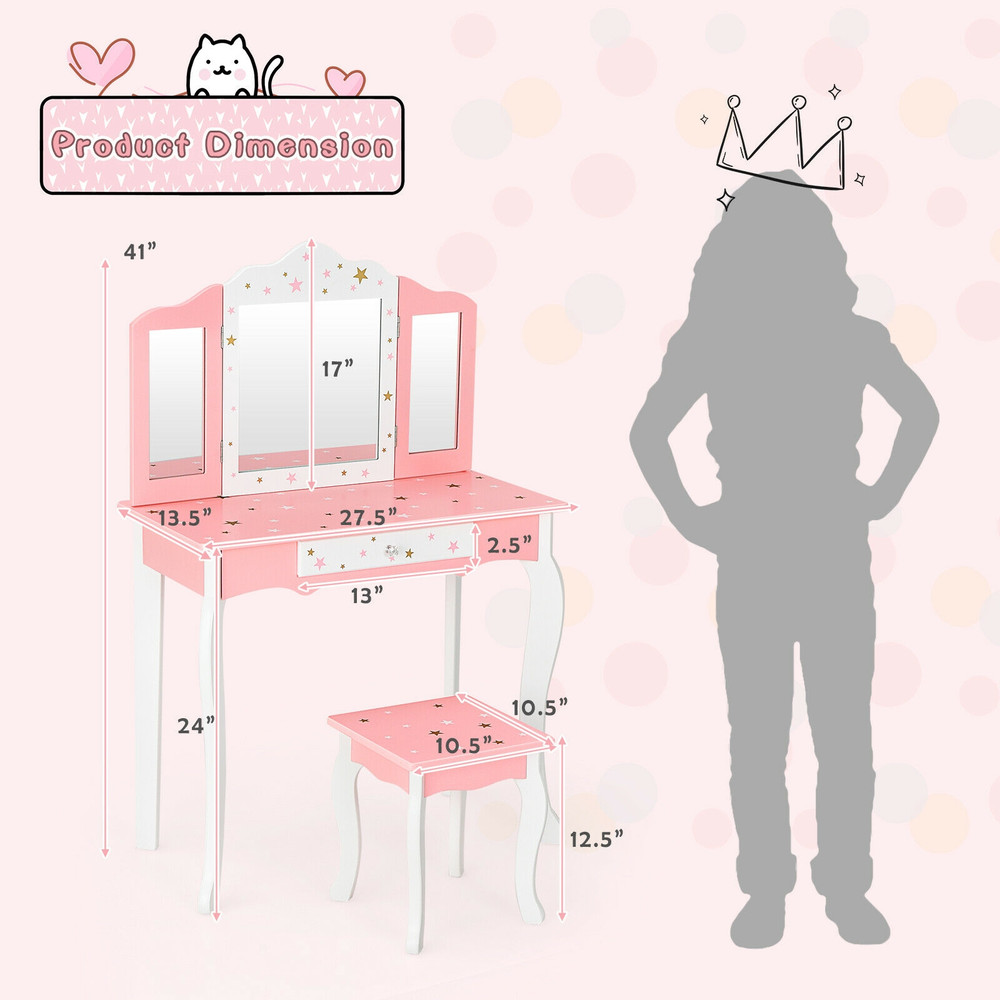 Kids Princess Vanity Table and Stool Set with Tri-Folding Mirror & Drawer