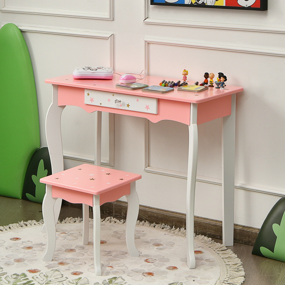 Kids Princess Vanity Table and Stool Set with Tri-Folding Mirror & Drawer