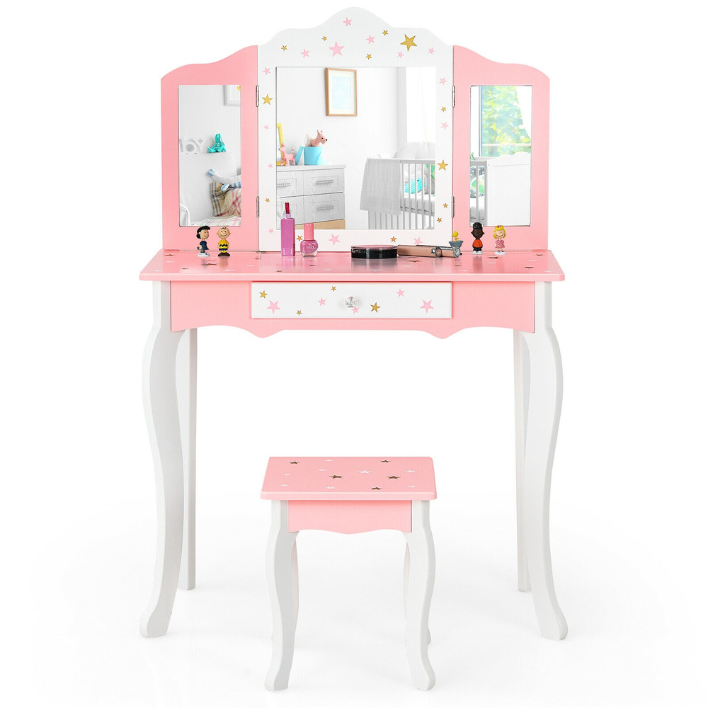 Kids Princess Vanity Table and Stool Set with Tri-Folding Mirror & Drawer