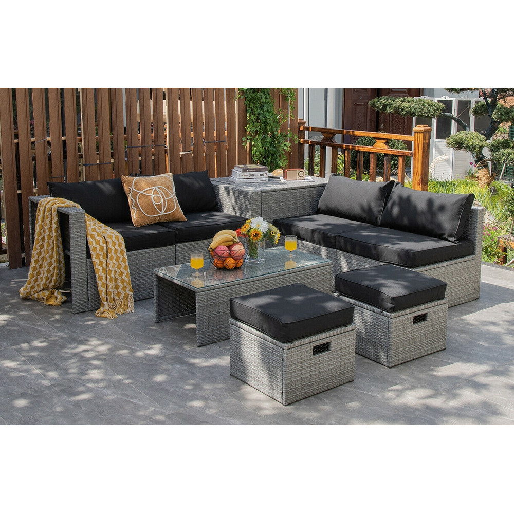 8-Piece Patio Rattan Furniture Set with Storage Box, Waterproof Cover & Thick Cushions, Space-Saving Design
