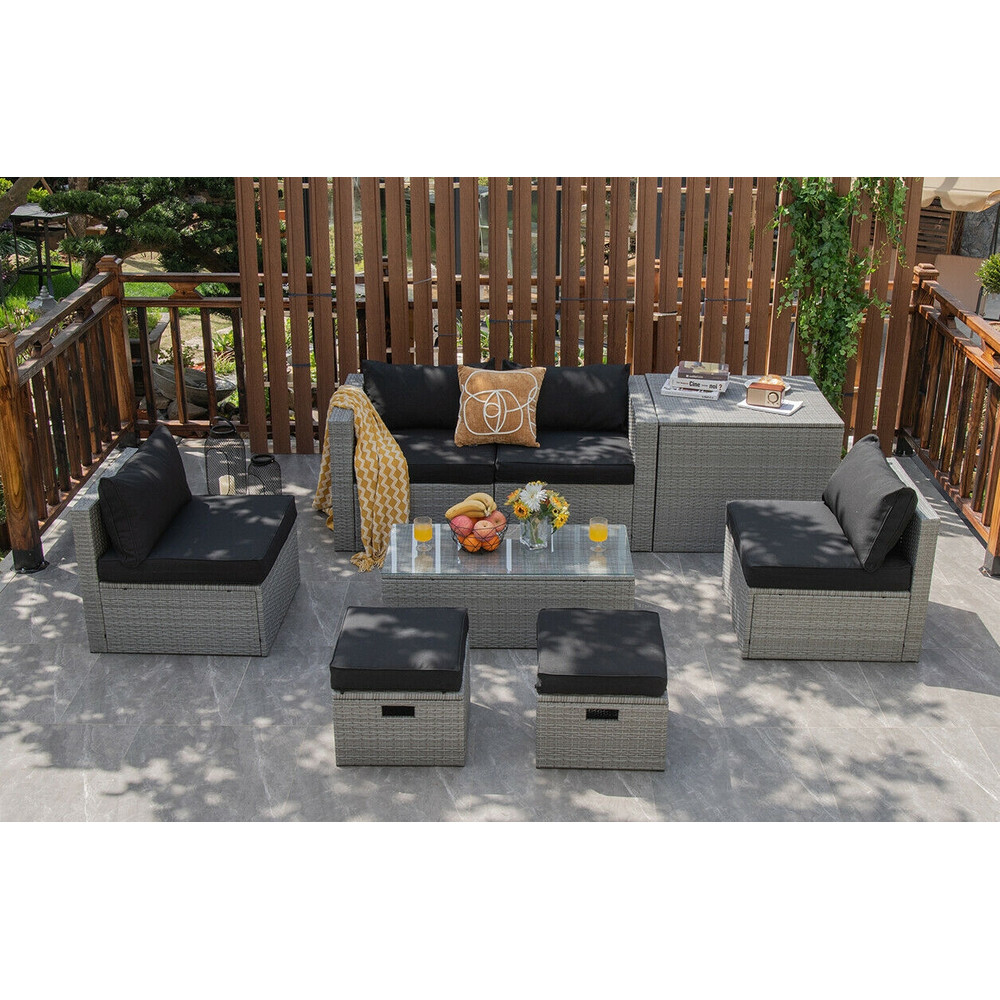 8-Piece Patio Rattan Furniture Set with Storage Box, Waterproof Cover & Thick Cushions, Space-Saving Design