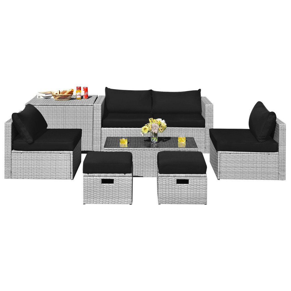 8-Piece Patio Rattan Furniture Set with Storage Box, Waterproof Cover & Thick Cushions, Space-Saving Design