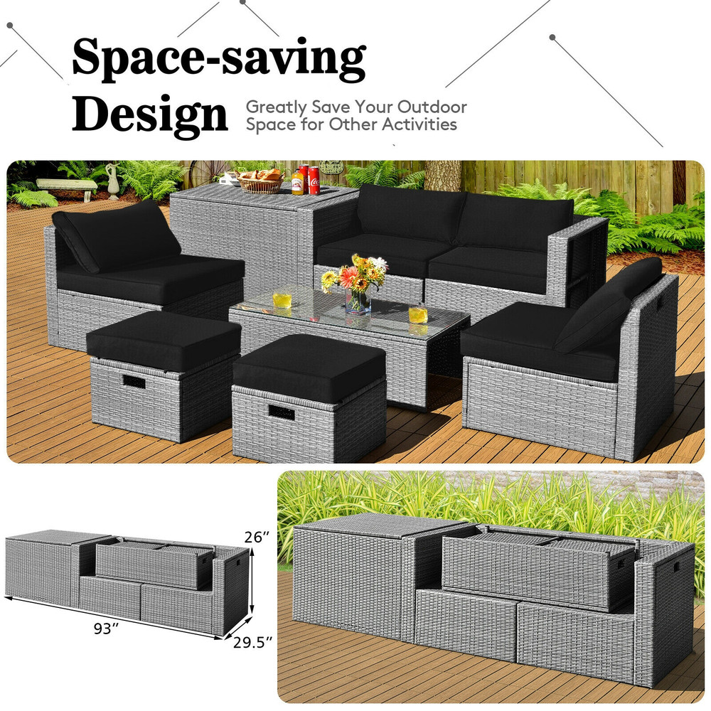 8-Piece Patio Rattan Furniture Set with Storage Box, Waterproof Cover & Thick Cushions, Space-Saving Design