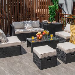 8-piece patio furniture set with rattan storage table & waterproof cover, all-weather outdoor seating
