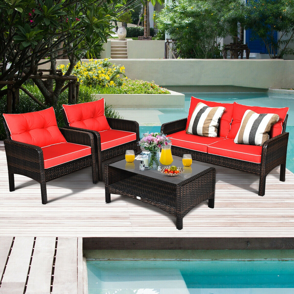 4Piece Outdoor Rattan Wicker Loveseat Furniture Set With Cushions  Coffee Table Free Combination Pa 0