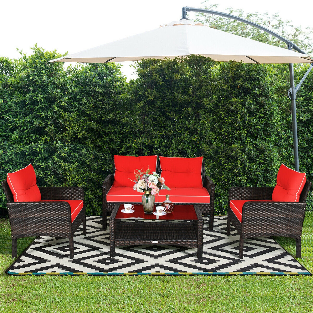 4Piece Outdoor Rattan Wicker Loveseat Furniture Set With Cushions  Coffee Table Free Combination Pa 2