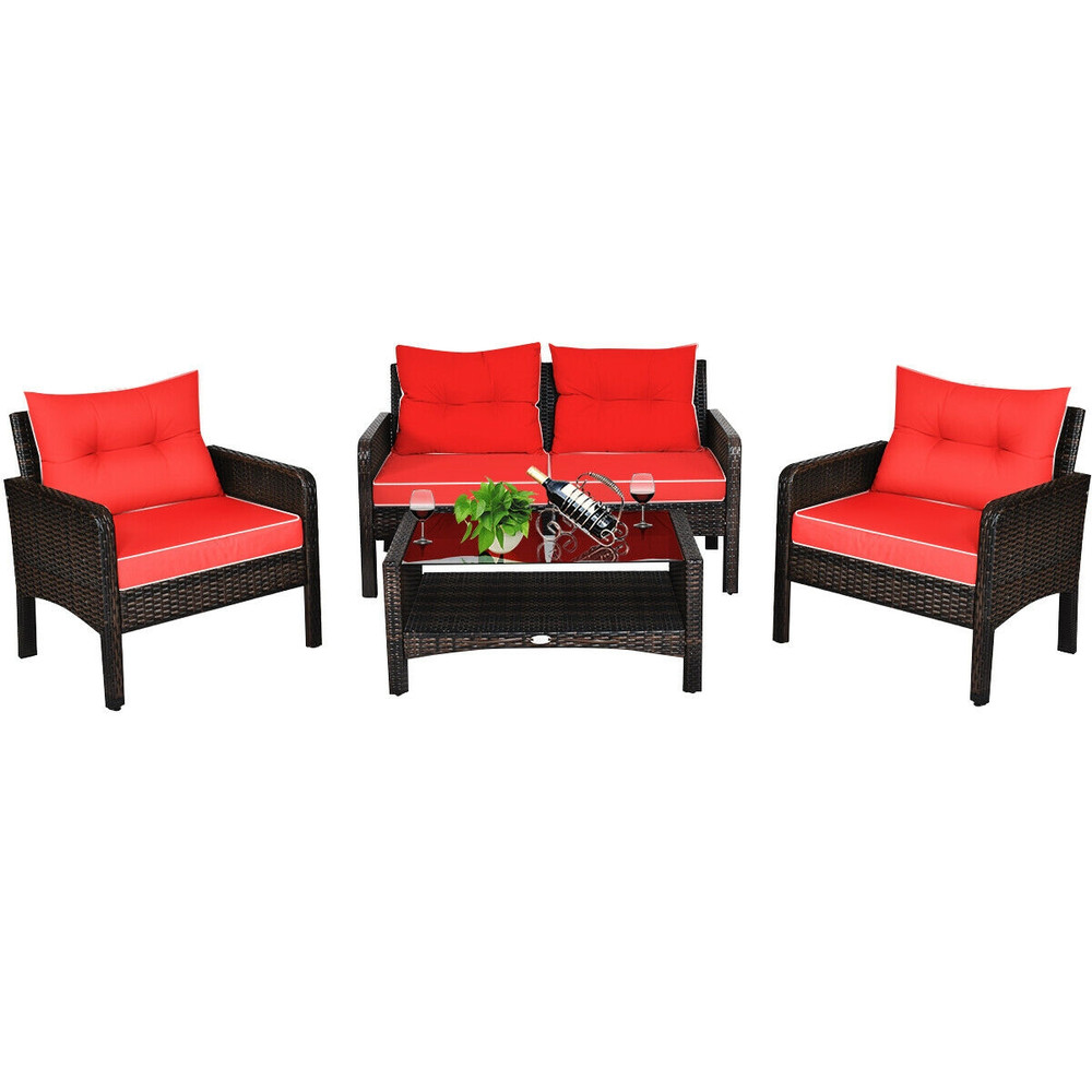 4Piece Outdoor Rattan Wicker Loveseat Furniture Set With Cushions  Coffee Table Free Combination Pa 4