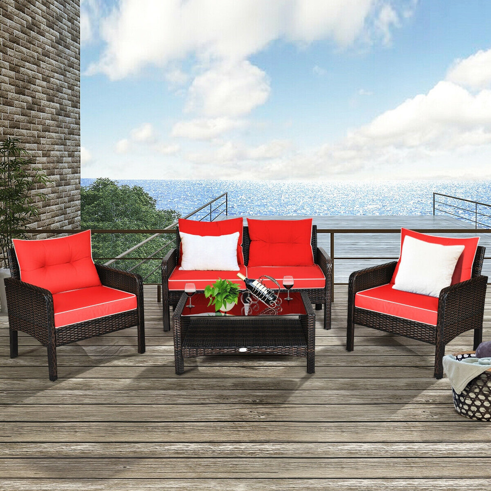 4Piece Outdoor Rattan Wicker Loveseat Furniture Set With Cushions  Coffee Table Free Combination Pa 1