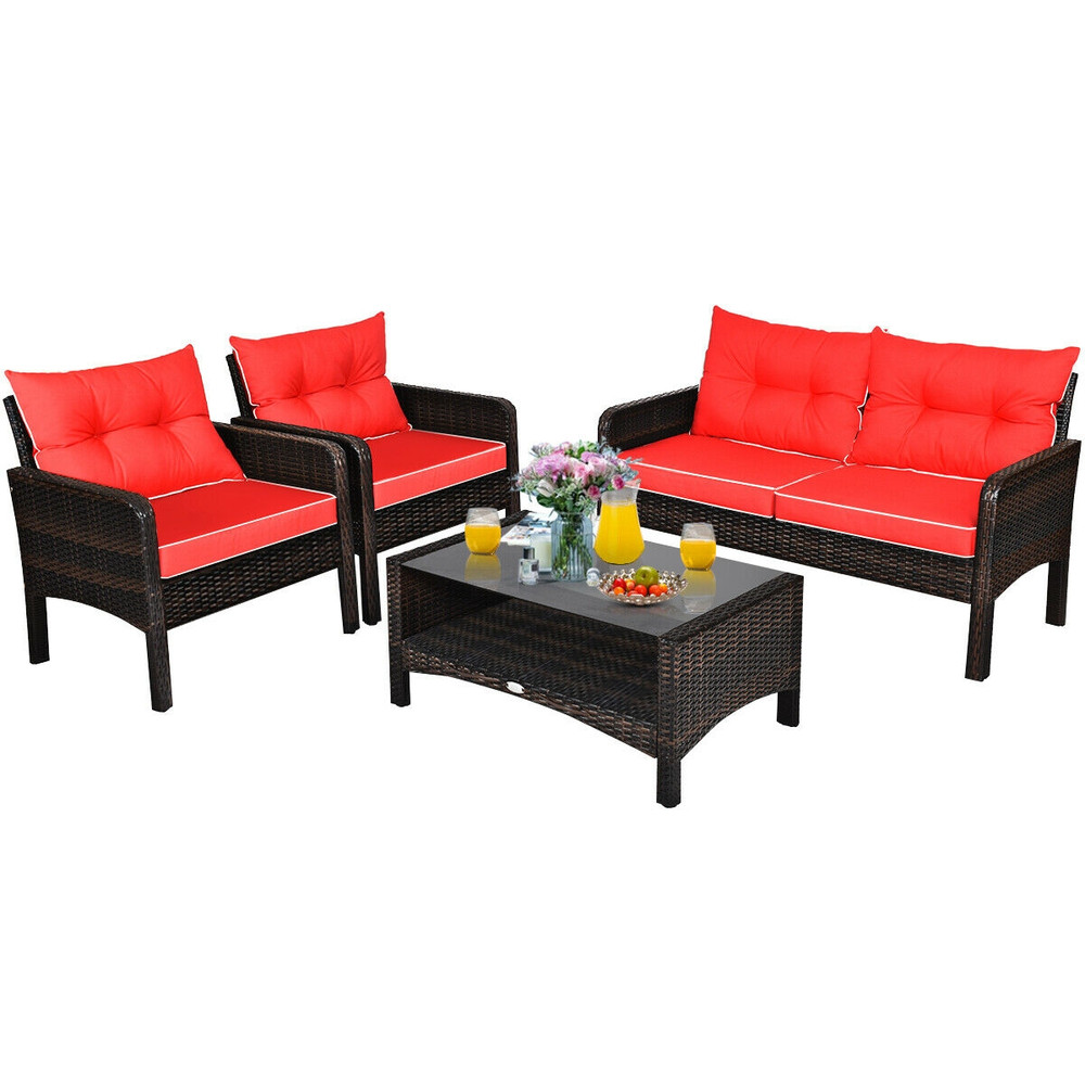 4Piece Outdoor Rattan Wicker Loveseat Furniture Set With Cushions  Coffee Table Free Combination Pa 6
