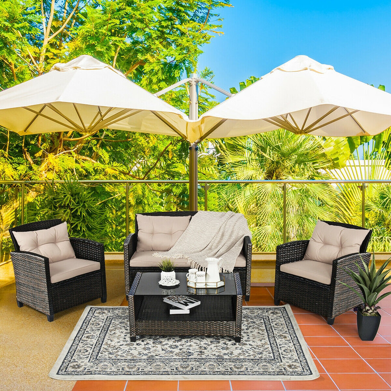 4Piece Outdoor Rattan Furniture Set With Glass Table Patio Sofa  Loveseat 2