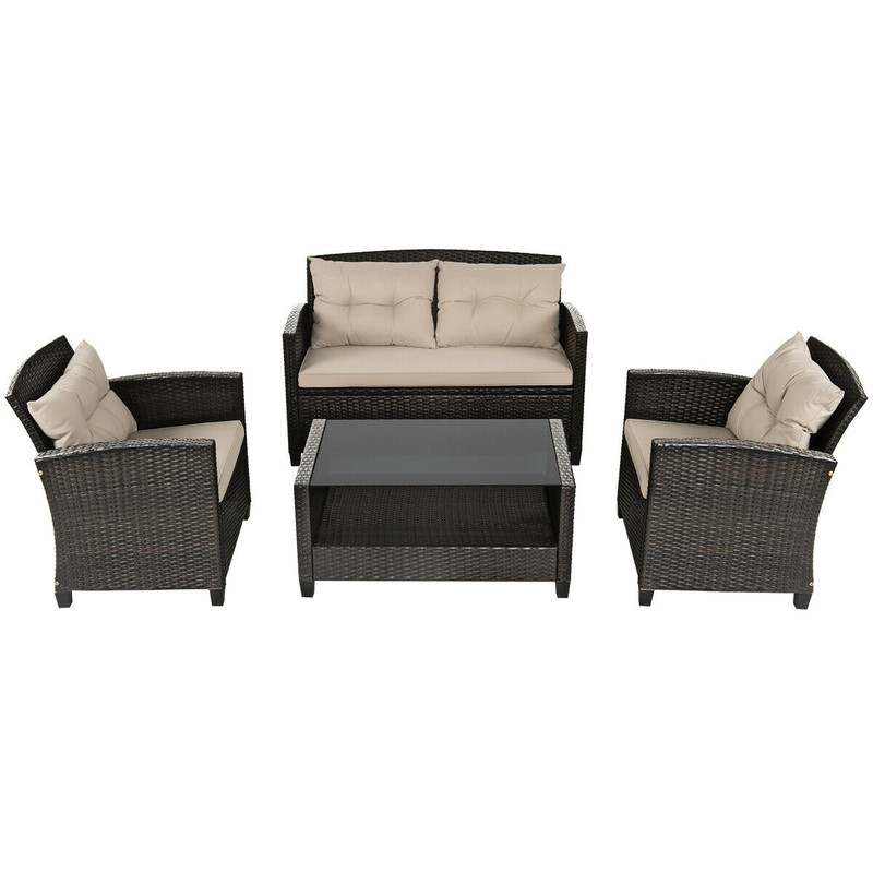 4Piece Outdoor Rattan Furniture Set With Glass Table Patio Sofa  Loveseat 4