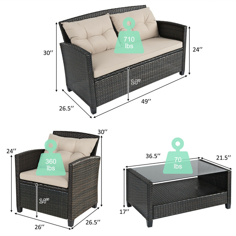 4Piece Outdoor Rattan Furniture Set With Glass Table Patio Sofa  Loveseat 6