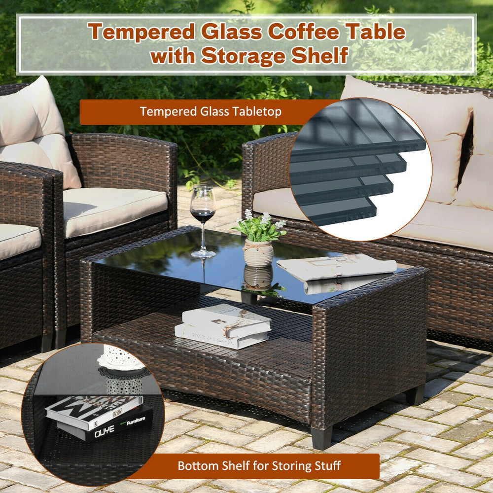 4Piece Outdoor Rattan Furniture Set With Glass Table Patio Sofa  Loveseat 7