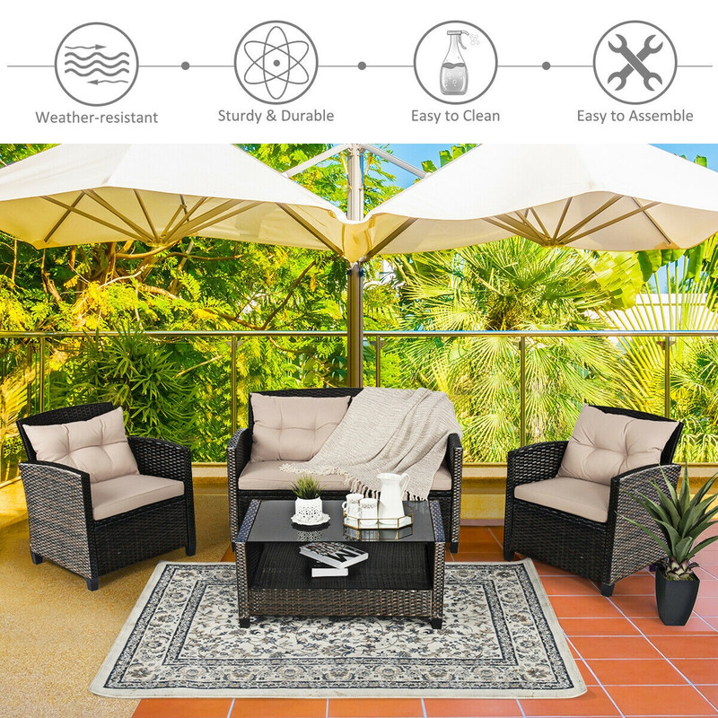 4Piece Outdoor Rattan Furniture Set With Glass Table Patio Sofa  Loveseat 3