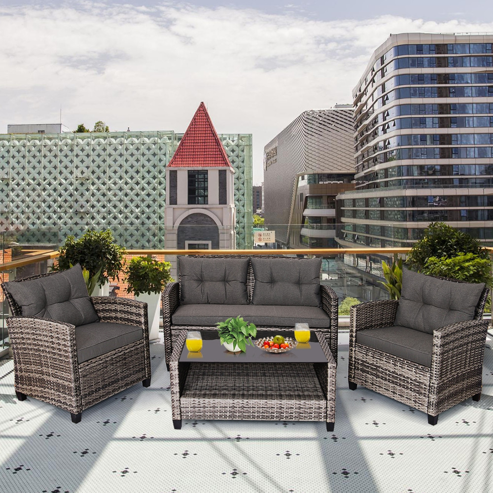 4Piece Patio Rattan Furniture Set With Coffee Table Cushioned Sofa Modern Outdoor Lounge Set 1