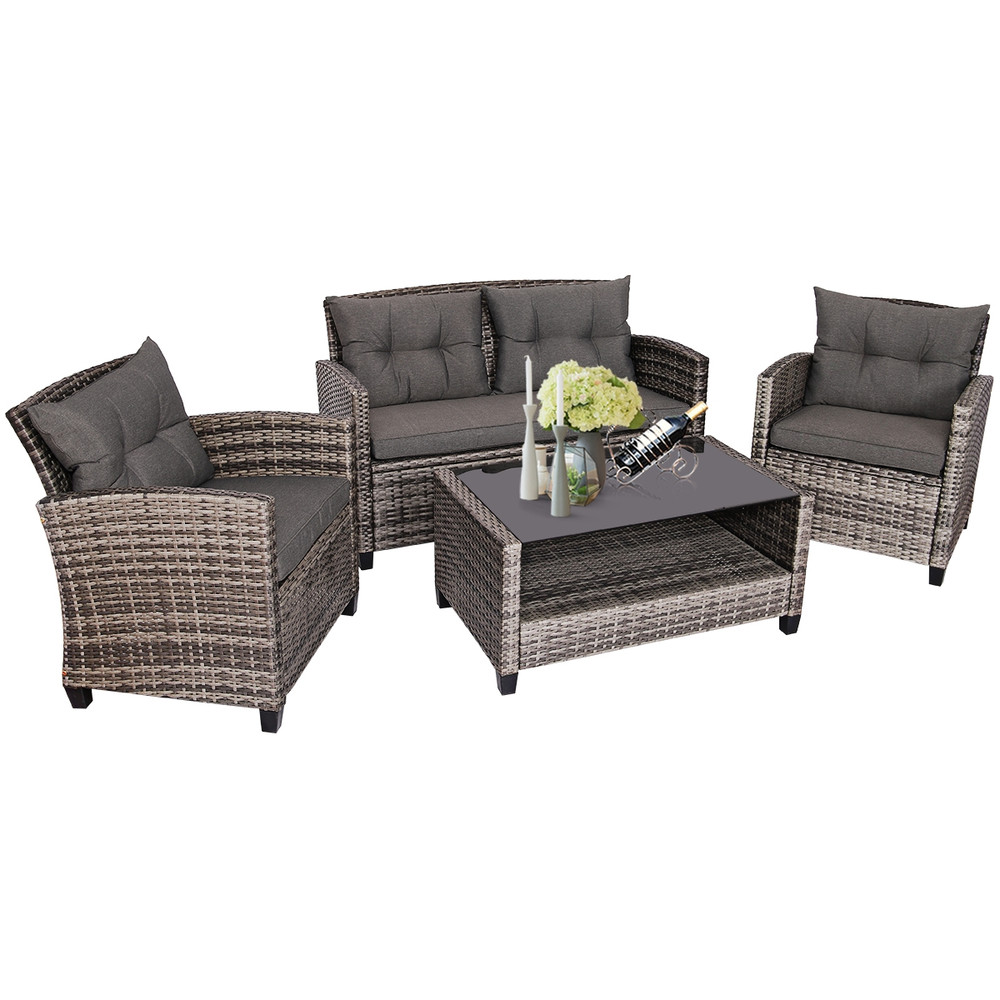 4Piece Patio Rattan Furniture Set With Coffee Table Cushioned Sofa Modern Outdoor Lounge Set 4