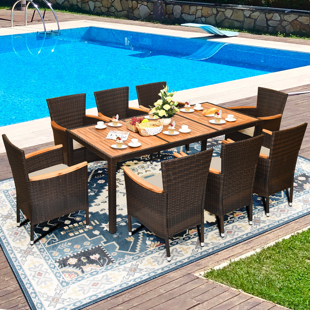 9 Piece Rattan Dining Set with Acacia Wood Table & Stackable Cushioned Chairs for Outdoor Gatherings