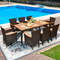 9 Piece Rattan Dining Set with Acacia Wood Table & Stackable Cushioned Chairs for Outdoor Gatherings