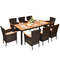 9 Piece Rattan Dining Set with Acacia Wood Table & Stackable Cushioned Chairs for Outdoor Gatherings