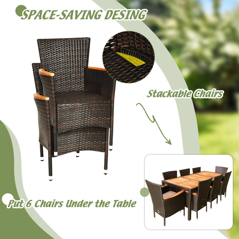 9 Piece Rattan Dining Set with Acacia Wood Table & Stackable Cushioned Chairs for Outdoor Gatherings