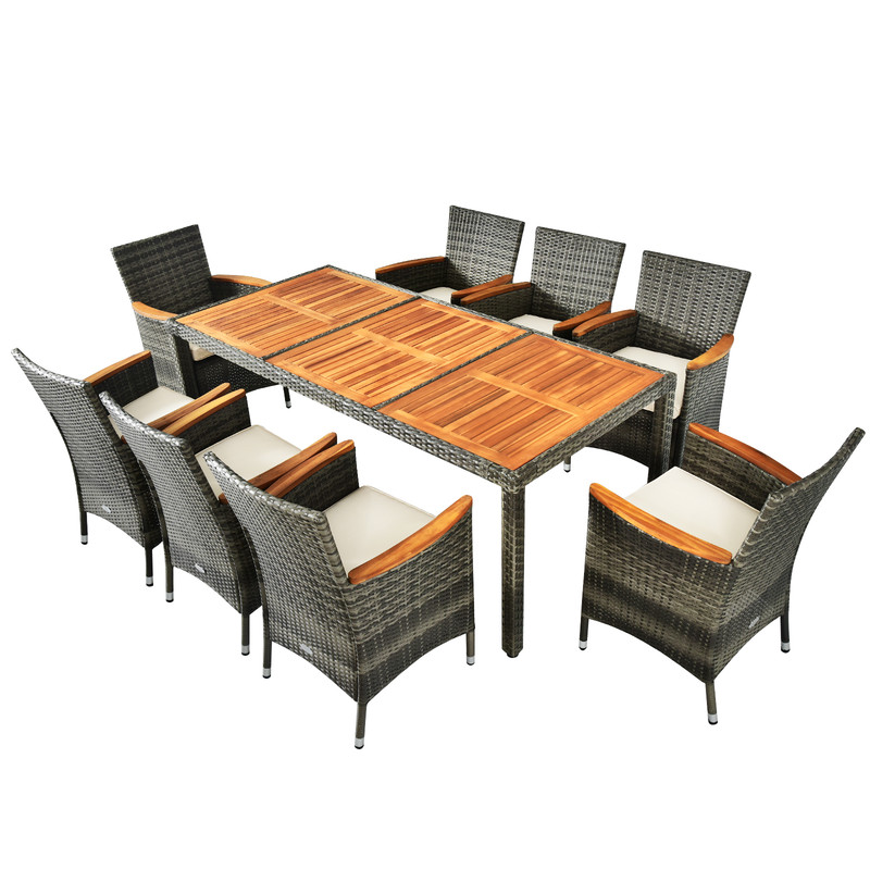 9 Piece Rattan Patio Dining Set with Acacia Wood Table & Cushioned Chairs Outdoor Furniture for Backyard & Poolside