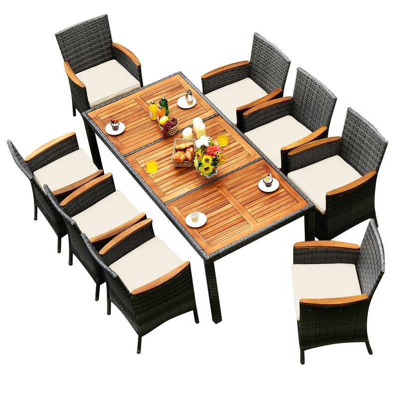 9 Piece Rattan Patio Dining Set with Acacia Wood Table & Cushioned Chairs Outdoor Furniture for Backyard & Poolside