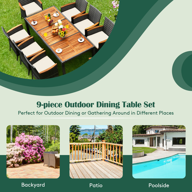 9 Piece Rattan Patio Dining Set with Acacia Wood Table & Cushioned Chairs Outdoor Furniture for Backyard & Poolside