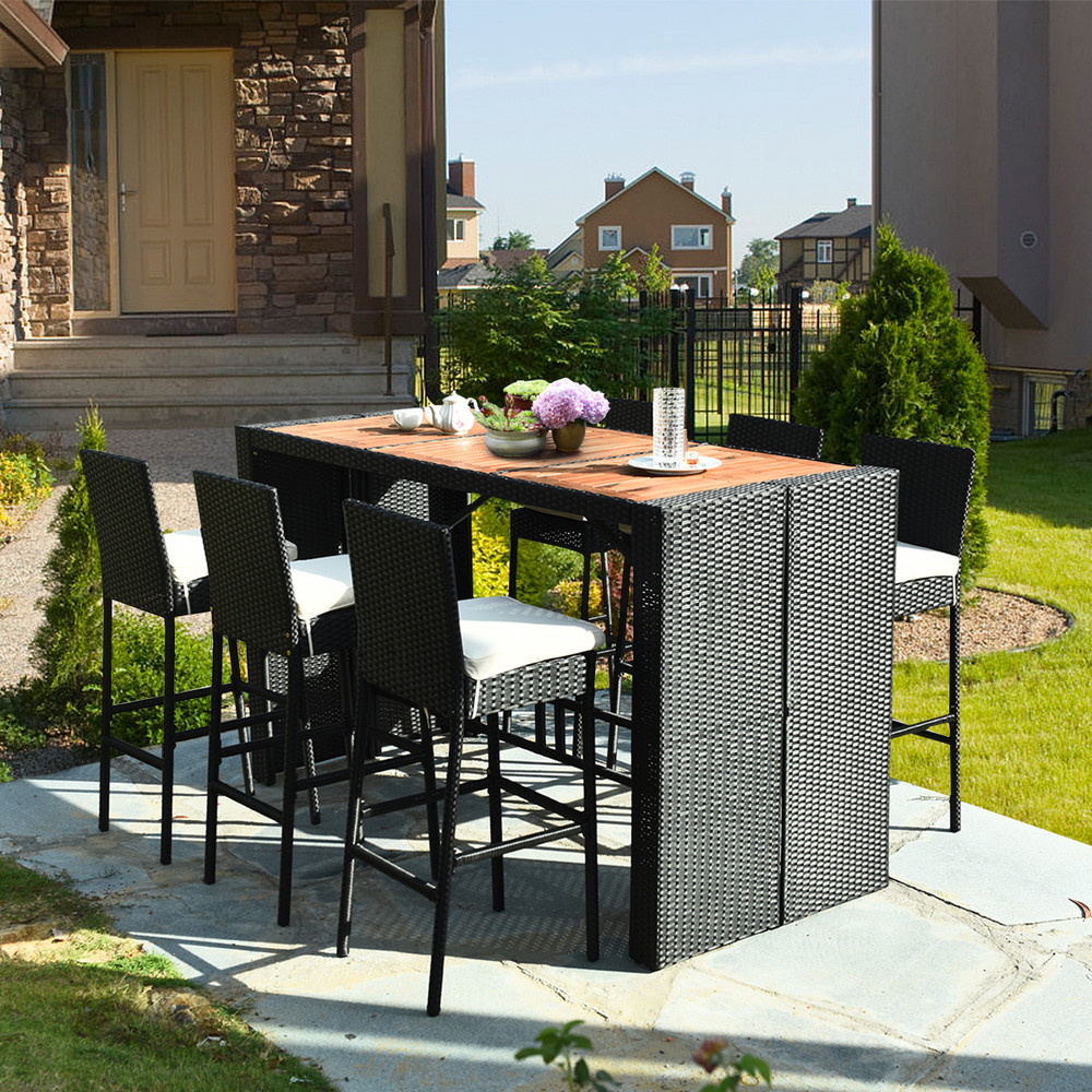 7 Piece Patio Rattan Wicker Dining Furniture Set Outdoor/Indoor Rattan Table & 6 Bar Stools with Cushions
