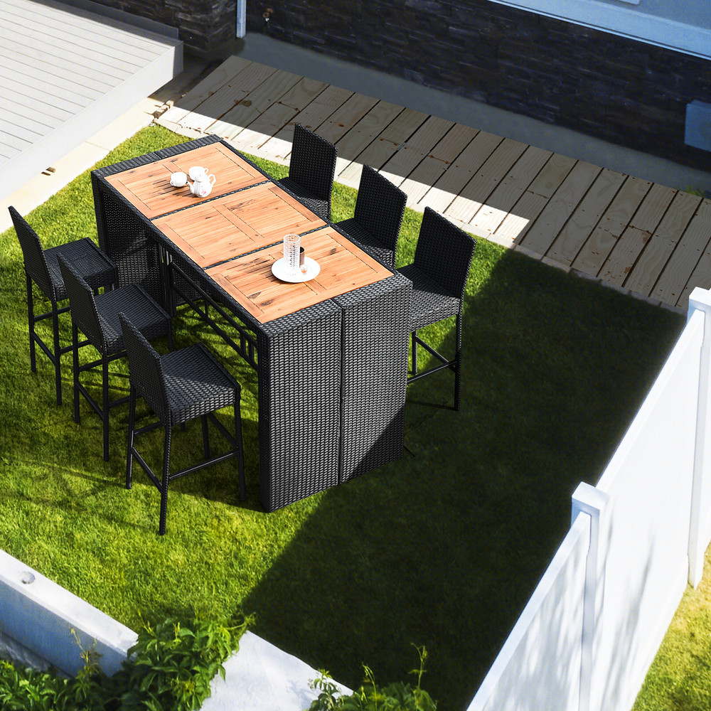 7 Piece Patio Rattan Wicker Dining Furniture Set Outdoor/Indoor Rattan Table & 6 Bar Stools with Cushions